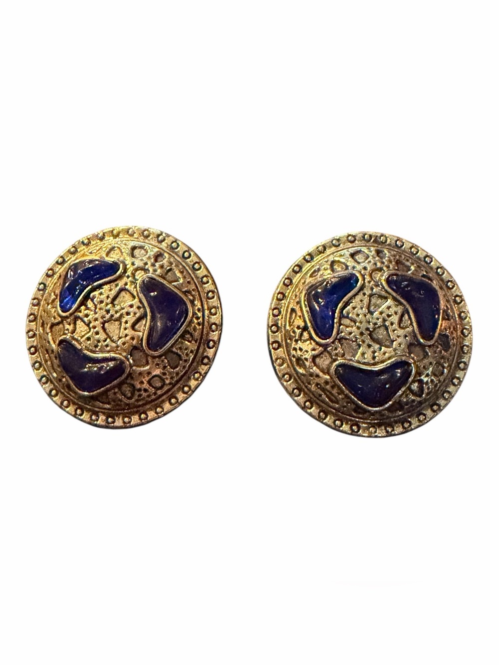 Vintage Gold Tone Blue Purple Enamel Round Clip On Earrings 1.5” Statement